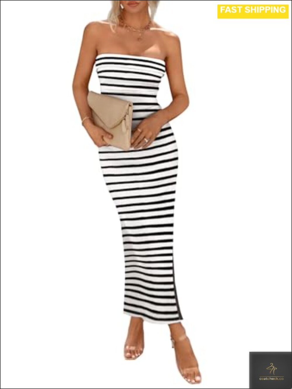 Strapless Ribbed Knit Bodycon Maxi Dress Slit Cocktail Party